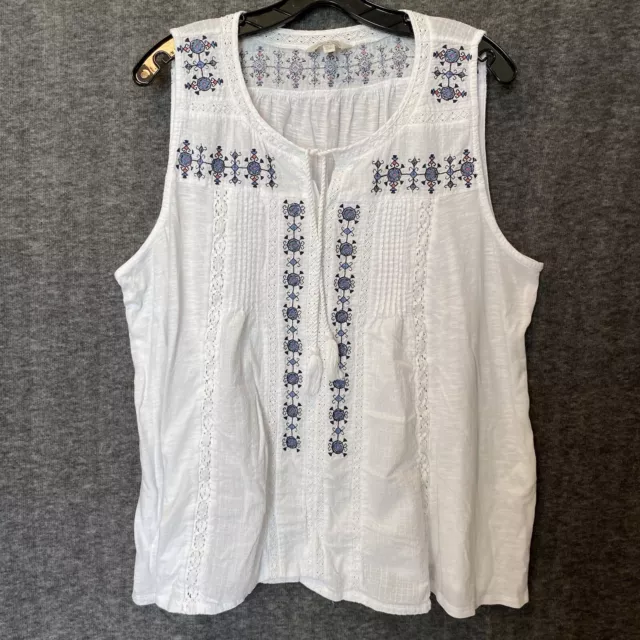 Lucky Brand Top Womens 2X White Crochet Embroidered Tassel Boho Blouse Cottage