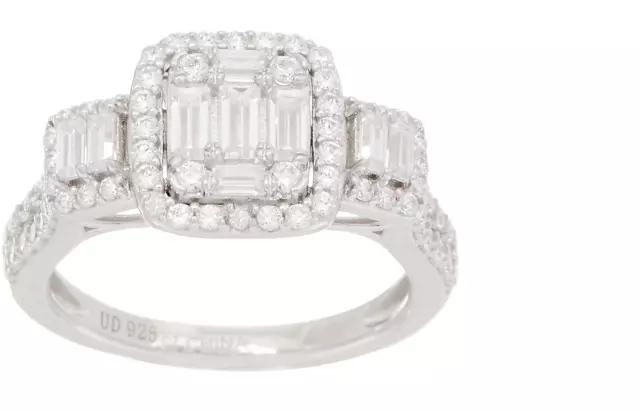 Diamonique CZ Round and Baguette Halo Cluster Ring Size 6 Sterling Silver Diamonique CZ Round and Baguette Halo Cluster Ring Size 6 Sterling Silver