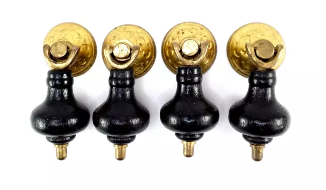 Eastlake Ebony Wood & Brass Tear Drop Drawer Pulls ~ Set of 4 ~ Hardware ~ Knobs