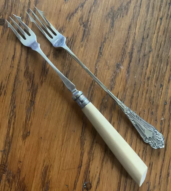 2 Antique Silver Plated Pickle Forks One with Art Deco Style Faux Bone Handle