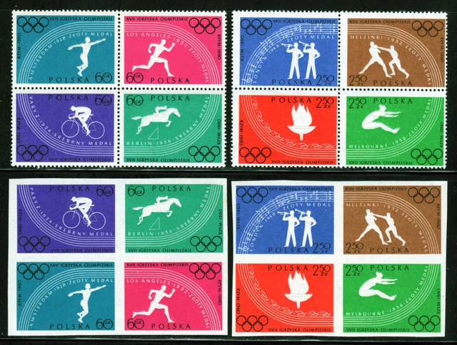 1960 Poland SC 917a & 921a, Perf & Imperf Blocks - MNH, 17th Olympics in Rome