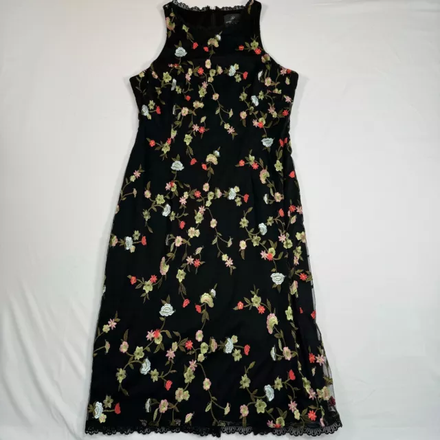 Adrianna Papell Black Lace Floral Embroidered Dress Sleeveless Knee Length SZ 8
