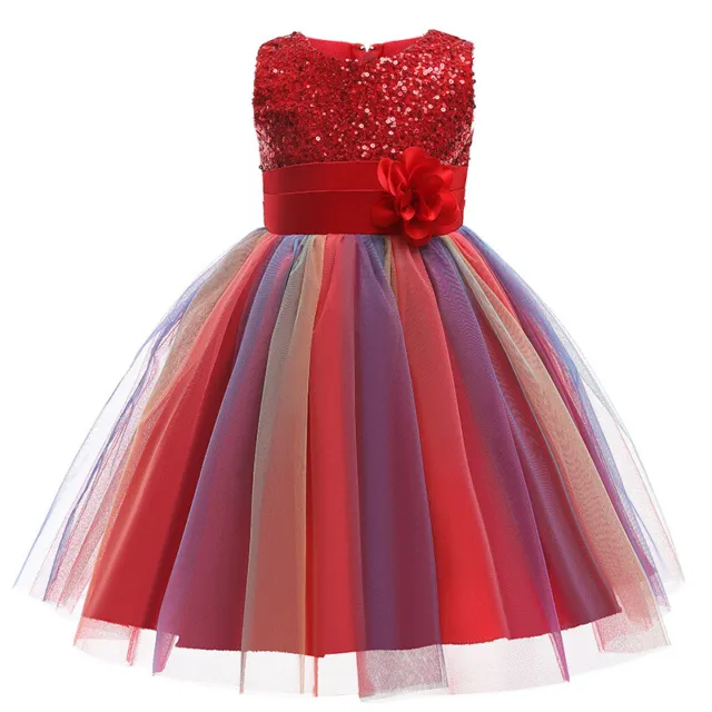 Girls Bridesmaid Dress Bow Mesh Flower Sequins Wedding Party Prom Gown Xmas UK