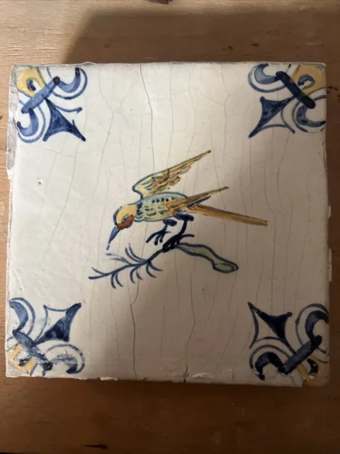 Antique 19th Century Delft Polychrome Tile depicting bird on tree  21/644Y