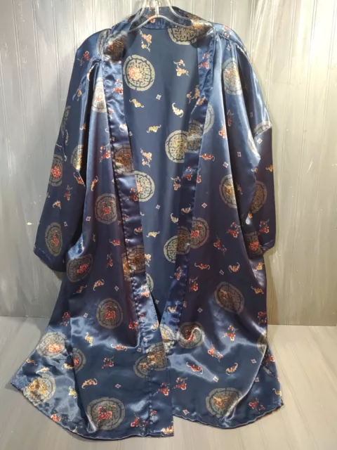 Vintage Blue Print Floral Dragon Kimono Silk Robe One size