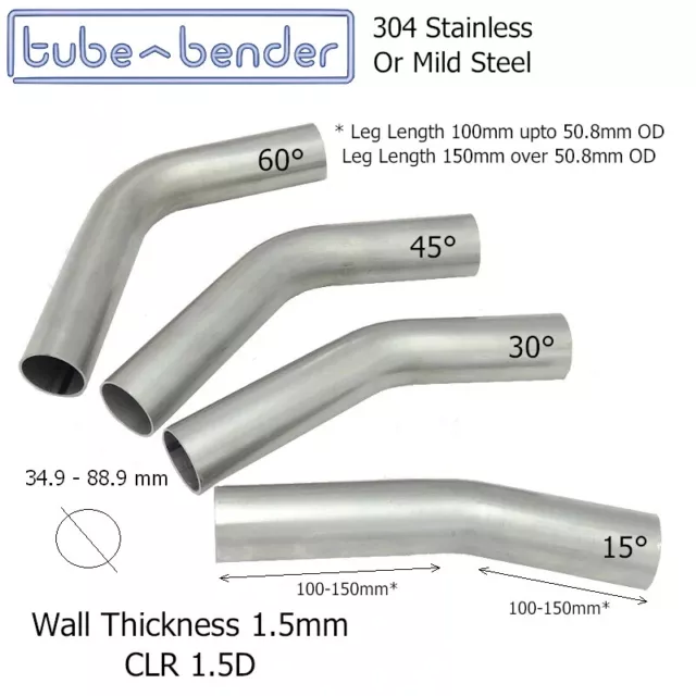 35 mm to 88.9mm 1.5D Mandrel Exhaust Bend 304 Stainless Steel or Mild Steel 2