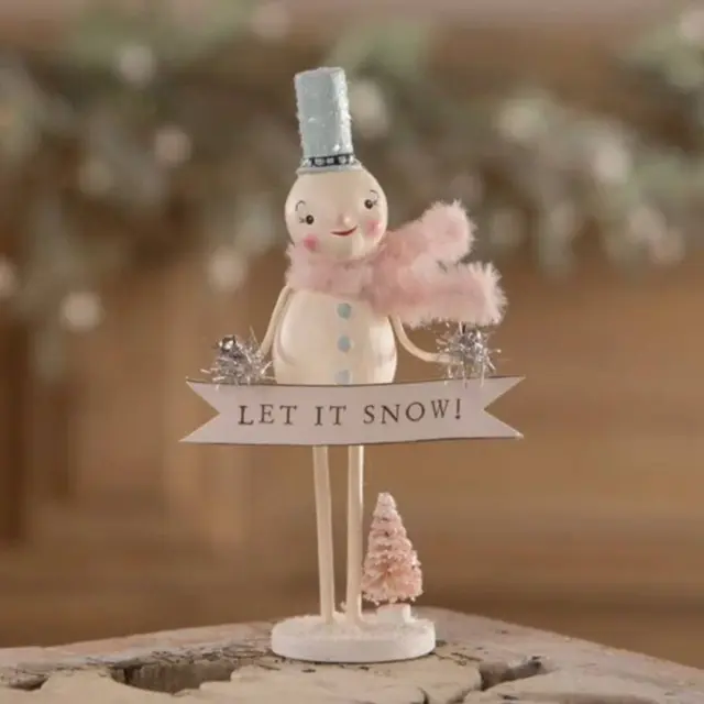 Bethany Lowe Let It Snow Pastel Snowman Christmas Pink Figure Michelle Lauritsen