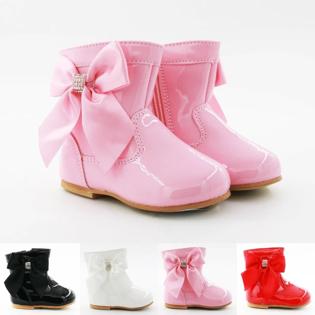 Girls Baby Flat Spanish Diamante Bow Satin Patent Winter Fur Lined Ankle Boots