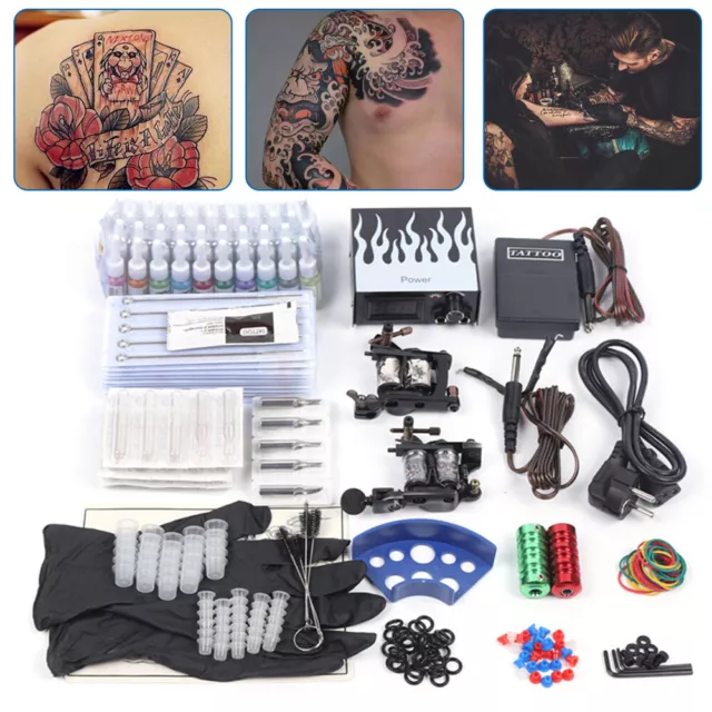 Komplett Tätowierung 2 Tattoomaschine Set Tattoo Kit 40 Farben Inks 50 Nadeln