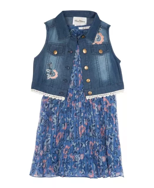 Rare Editions BLUE Little Girls Pleated Dress with Denim Vest Set, 2 Piece, US 6