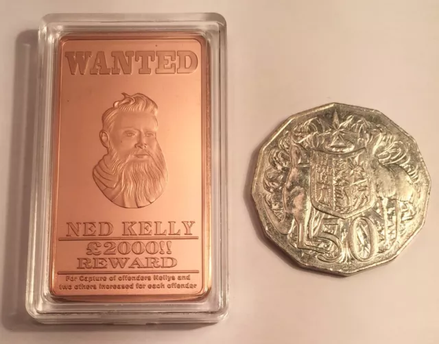 NED KELLY  "Wanted" 1oz 999 Copper Ingot , Bush Ranger, Guns 2