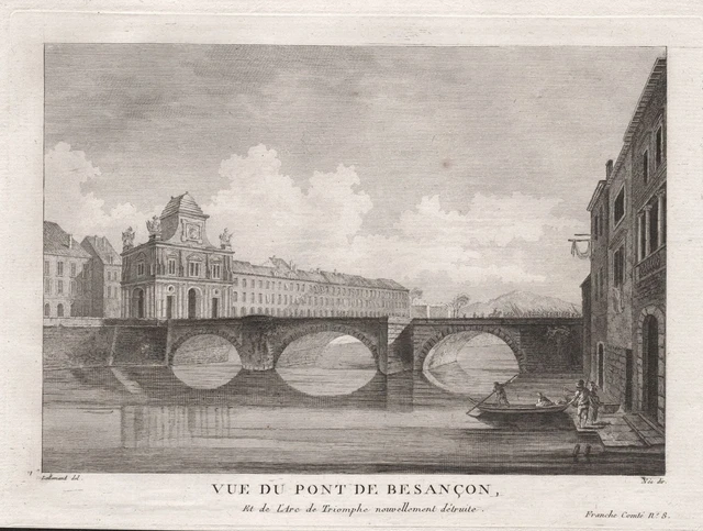 Besancon Pont Doubs Bourgogne vue gravure estampe engraving Kupferstich 1780