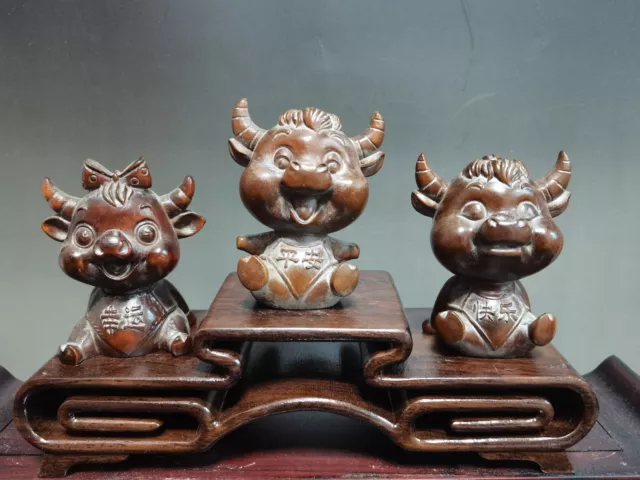 Three lovely ox Netsuke Boxwood Handwork Statue figure with wood stand one set