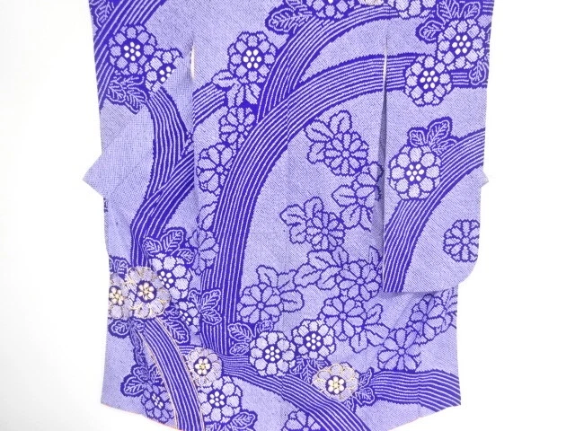 40465# Japanese Kimono / Antique Furisode / Embroidery / All Shibori / Flower