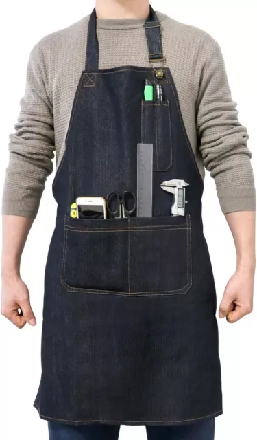 QWORK Heavy Duty Denim Work Apron with Pockets, Adjustable Jean Tool Apron for