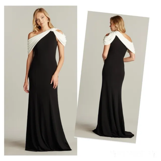 Tadashi Shoji Copley Gown One Shoulder Drape Crepe Maxi Modest Black BHLDN Event