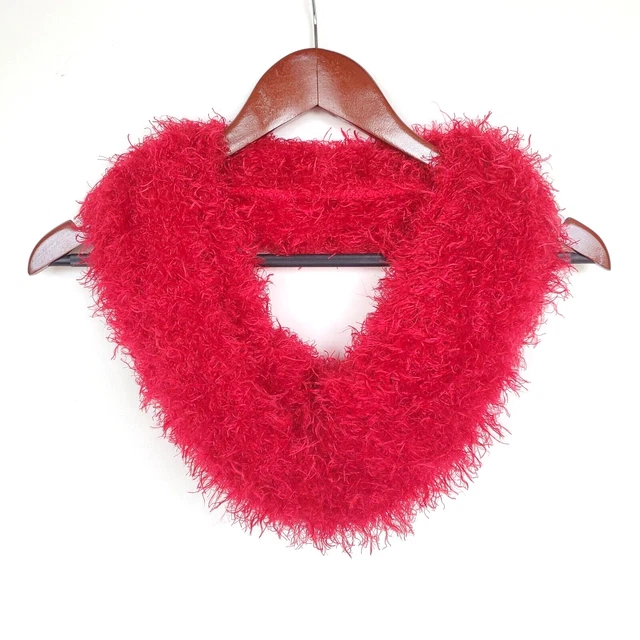 Red Fuzzy Scarf Soft Eyelash Knit 56" Long Tubular Magic-Style Infinity Scarf