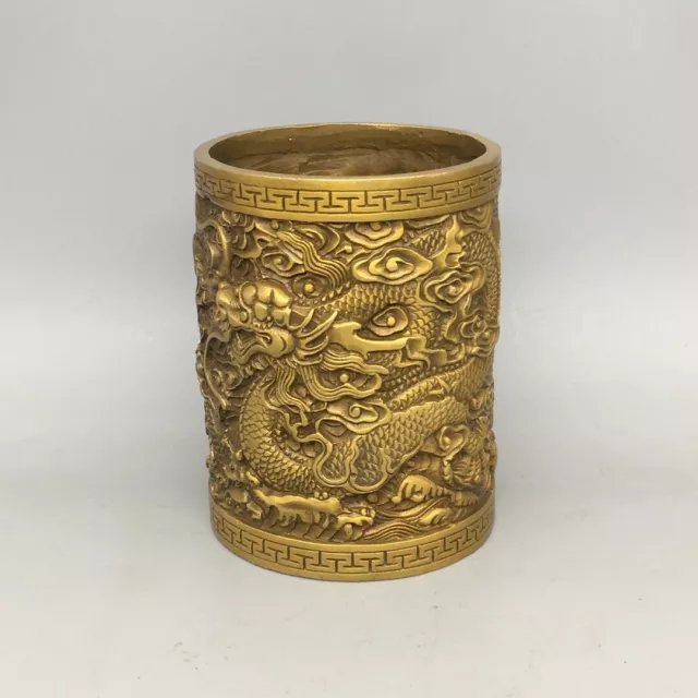 6.4" old China antique Fine carving brass Dragon pattern pen container