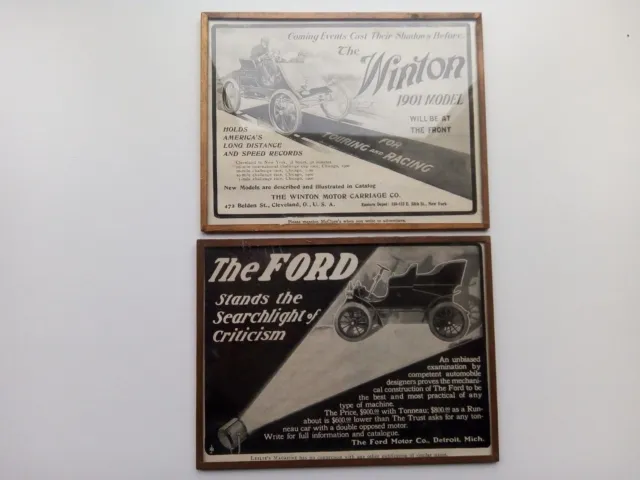 Two Veteran Car Framed Harveys Wallhanger Adverts  Ford And Winton