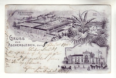 ASCHERSLEBEN GRUSS AUS&hellip;. LITHO Fabrik Bestehorn 08.02.1900 (Seeland