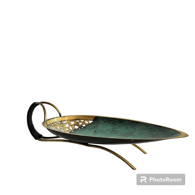 Vintage OPPENHEIM Israel Brass Enameled Avocado Oval Leaf Dish tray handle MCM Vintage OPPENHEIM Israel Brass Enameled Avocado Oval Leaf Dish tray handle MCM