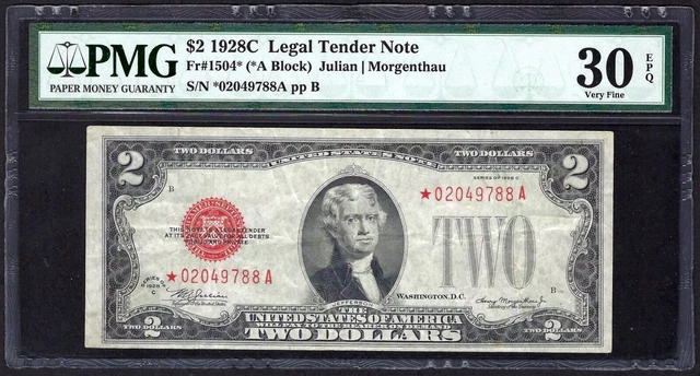 🇺🇸 "Key" Note  1928C $2  Red-Seal  ♚Star♚  ♚Star♚ Pmg Vf 30 Epq