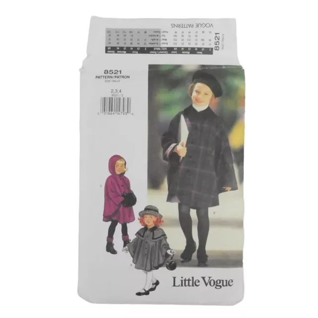 Little Vogue 8521 Childern Cape Sewing Pattern Sz 2-4 Uncut Collar Hood Capelet