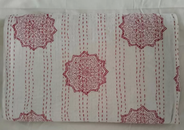 Queen Size Pink Kantha Quilt Hand Block Indian Handmade Blanket Bedspread Throw