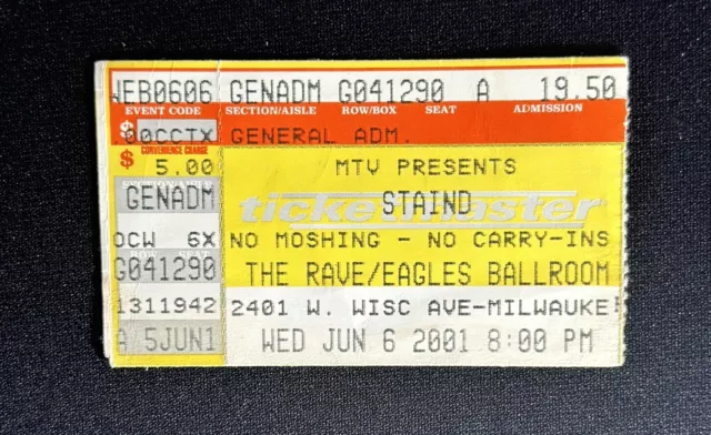 2001 Staind Rave Eagles Ballroom Milwaukee Wisconsin Concert Ticket Stub June 6
