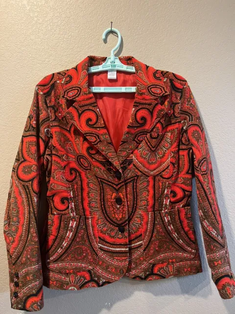 Isaac Mizrahi Womens Red/Black Paisley Corduroy Jacket Blazer, Lined, Size L