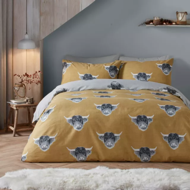 Fusion Snug Highland Cow Brushed Cotton Animal Print Duvet Cover Bed Set Ochre