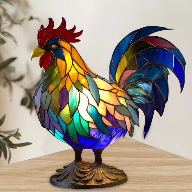 Retro Table Light Resin Stained Glass Bedside Light Home Ornament (Rooster) #F