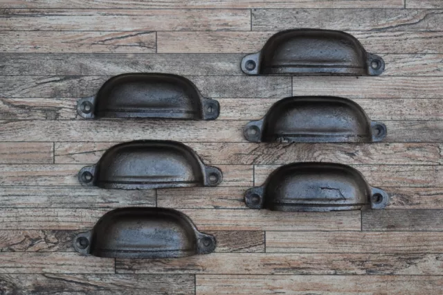 6pcs Vtg Cast Iron Door Gate Cabinet Drawer Kitchen Decor Cup Bin Pulls Handles