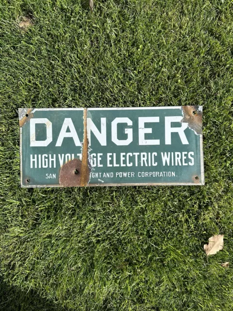 Vintage Original San Joaquin Danger High Voltage Porcelain Sign W/ Bullet Hole