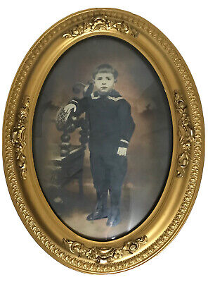 Antique Young Boy Sailor Portrait Gold Gilded Bubble Glass Convex Victorian Oval