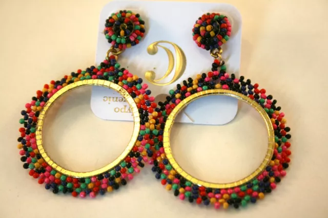 Charming Charlie gold tone multicolor beaded hoop stud earrings hypoallergenic