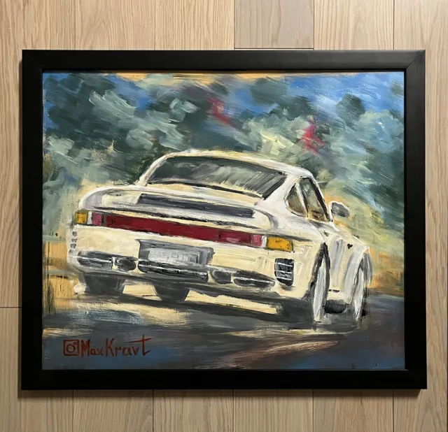 Original 1986 Porsche 911 959 Turbo Oil Painting Race Car Art Handmade 22x26” XL