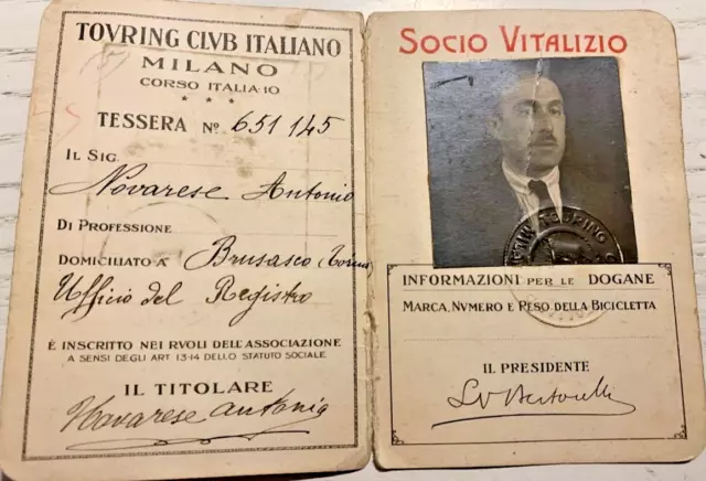 Tessera Touring Club Italiano Anni 20/30 Con Foto-Documenti D'epoca