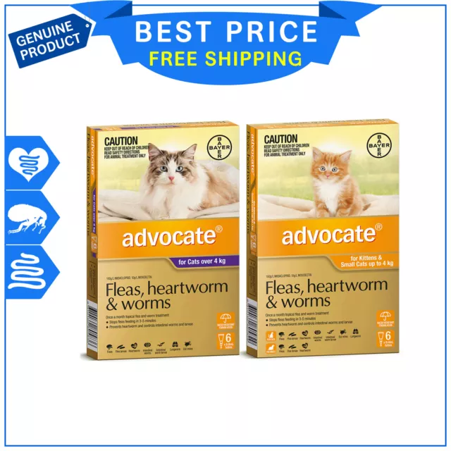 ADVOCATE for Cats Flea Heartworm Worm treatment 6 Pipettes FREE Shipping