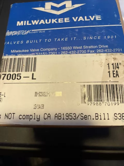 MILWAUKEE VALVE Butterfly Control Valve,Fire Sprinkler BB-SCS02L 1-1/4” 97005-L