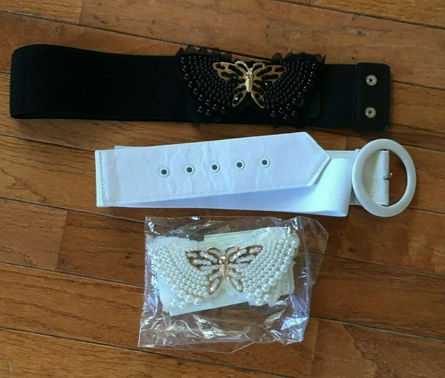 80's Lot of Vintage Ladies Stretch Belt 1 Elastic Waist 2 Bead Butterfly Buckle