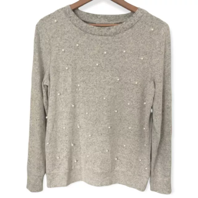 Juicy Couture Sweater XS Faux Pearl Embellished Pullover Gray Soft Long Sleeve