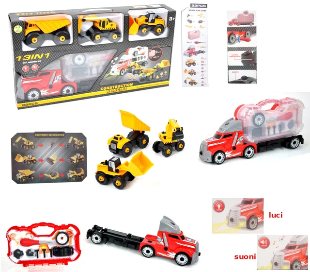 Camion Bisarca Con 6 Veicoli – Giocattolo Bambini Con Muletto, Gru E Bulldozer – BAKAJI Nuovo