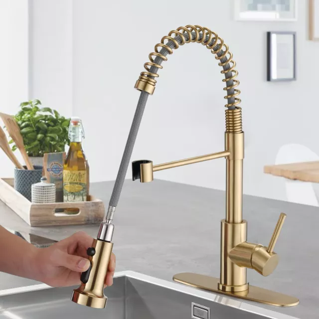 Brushed Gold Pull Down Single Handle  Spring Kitchen Sink Faucet with Deck Plate 2