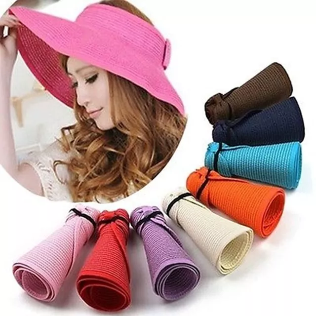 Fashion Women's Summer Wide Brim Roll Up Foldable Sun Beach Straw Visor Hat Cap