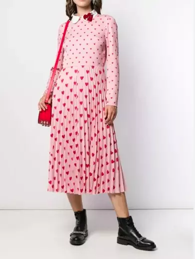 Red Valentino Pink/Red Heart-Printed Pleated Crepe De Chine Heart Dress sz M 2