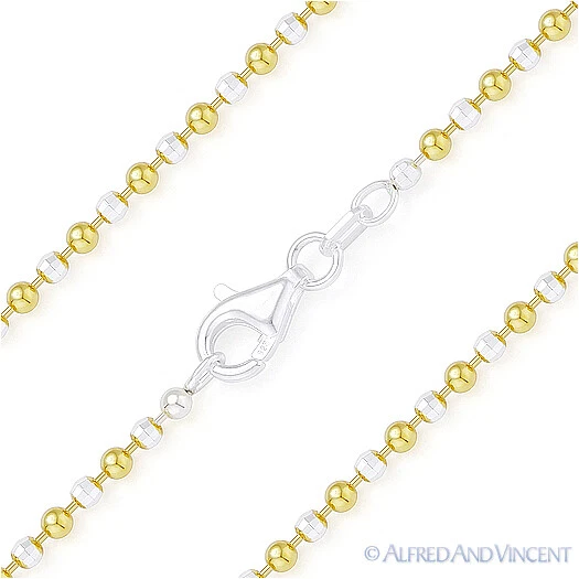 2mm Ball & Faceted Bead Chain Necklace Italy 925 Sterling Silver 14k Yellow Gold