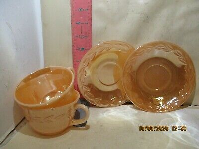 Fire King Laurel Pattern Cup & Saucers Pair - Gold , Copper Or Peach Luster