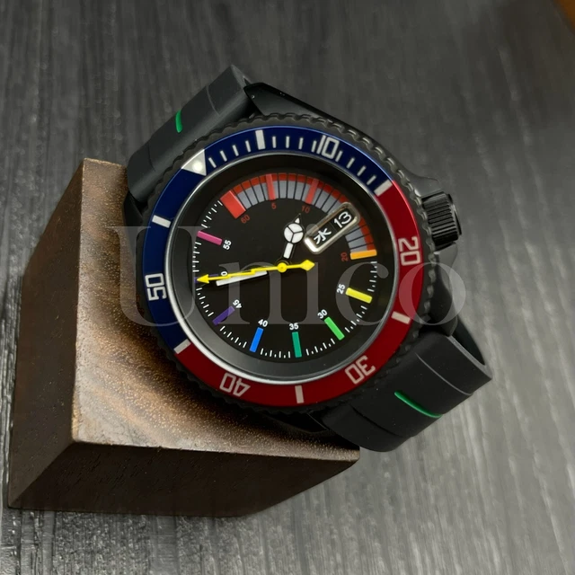 Custom Made Mods Watch SKX Style NH36 Auto Movement Blue/RD Rainbow Hours BLK/GN