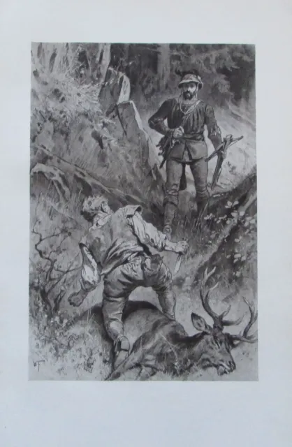 1906 WOLDEMAR FRIEDRICH Illustration Hirschjagd antiker Druck Wilde Jäger